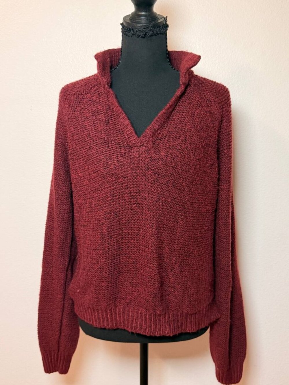 a.n.a Burgundy Chunky Knit Collared V-Neck Sweater Cozy Fall Style Large